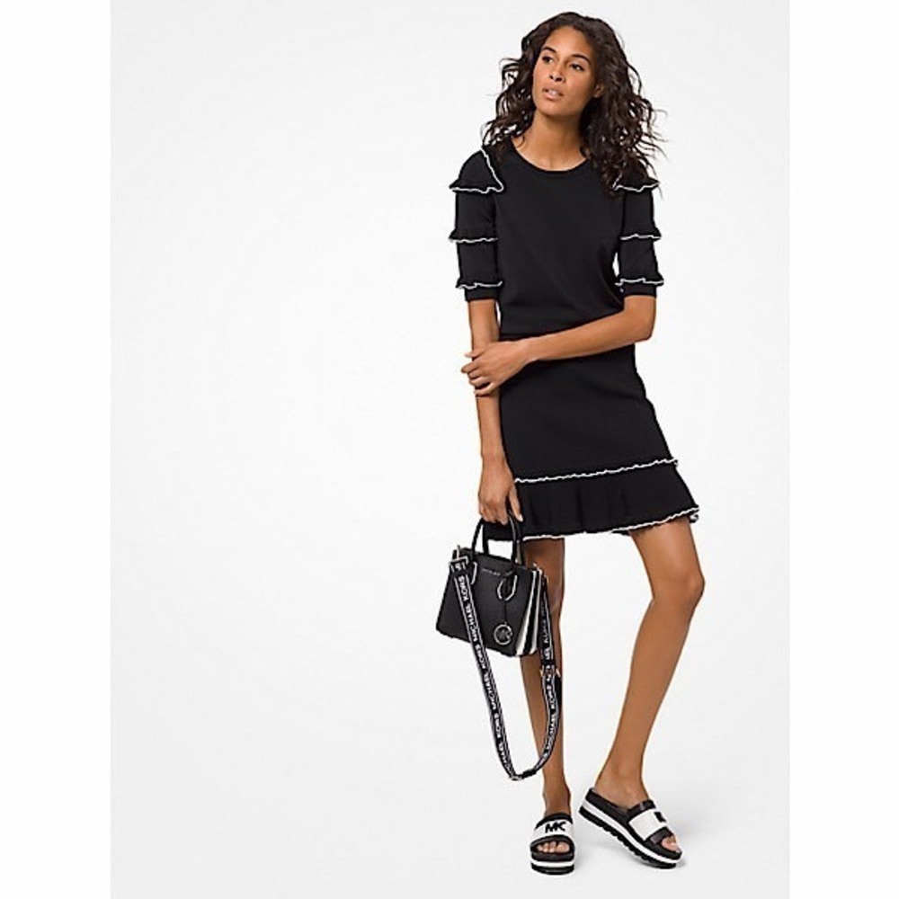 Michael Kors Black Ruffle Stretch Knit Sweater Flounce Skirt Set Outfit S/M